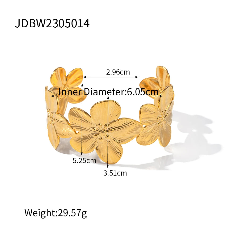 Nuovo Modello Fiori Esagerati Bracciale Orecchini Anelli in Acciaio Inossidabile Set Gioielli da Donna alla Moda Placcati Oro 18K PVD