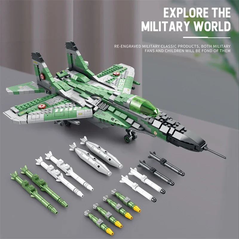 1290PCS MIG-29 Jet Fighter Building Blocks Diy Military Fighter Model Assembly Bricks Desktop Decoration Holiday Gifts Kids Toys