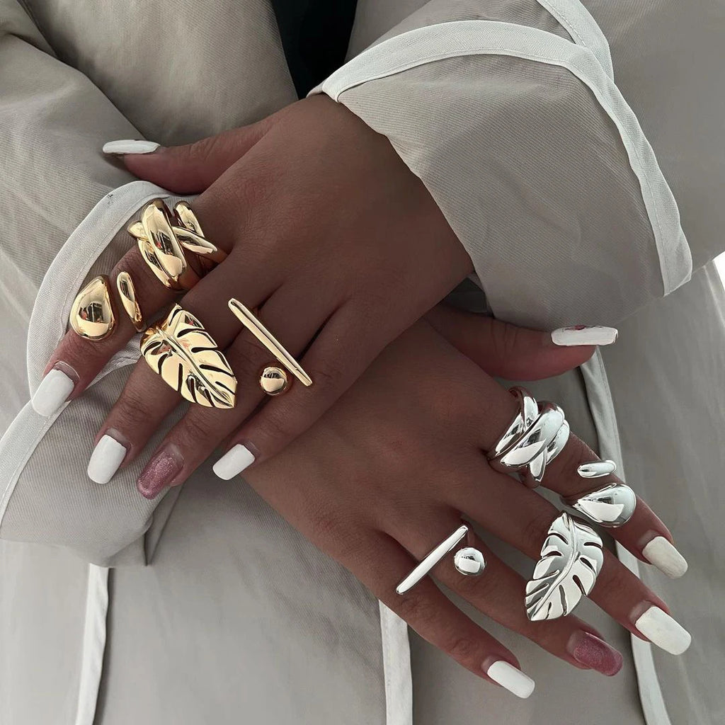 Stylish 18K PVD Plated Stainless Steel Smooth Leaf Feather Open Ring Metal Rust Proof High Quality Statement Jewelry Bijoux