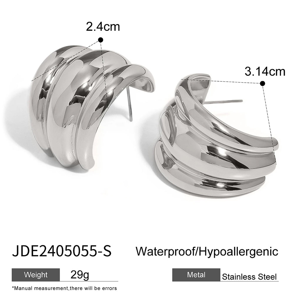 Brincos femininos estilosos de aço inoxidável com três camadas geométricas lisas, rosqueados, folheados a PVD 18K, que previnem alergias