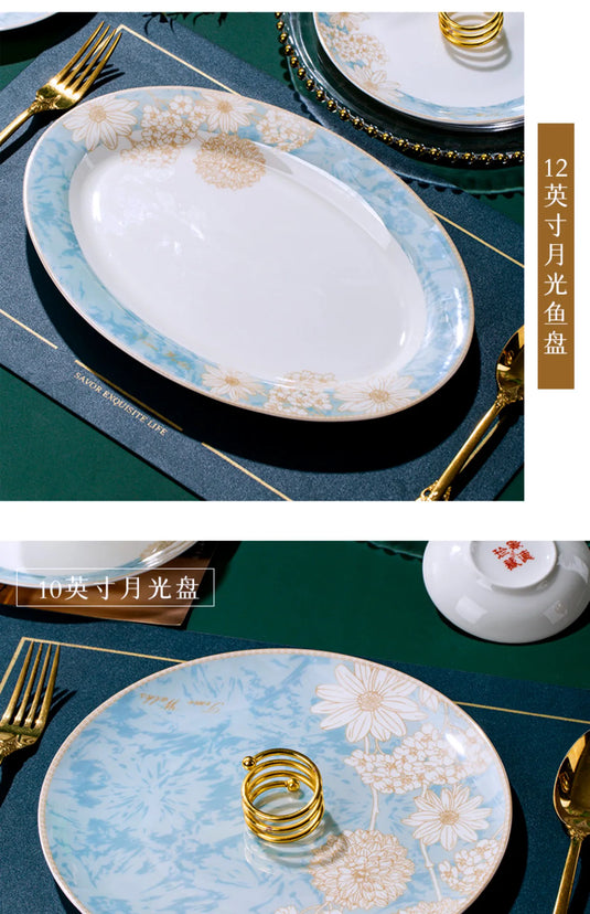 Bols et assiettes de luxe modernes Vaisselle en céramique Jingdezhen, ensemble de bols et d'assiettes à bordure dorée, ménage