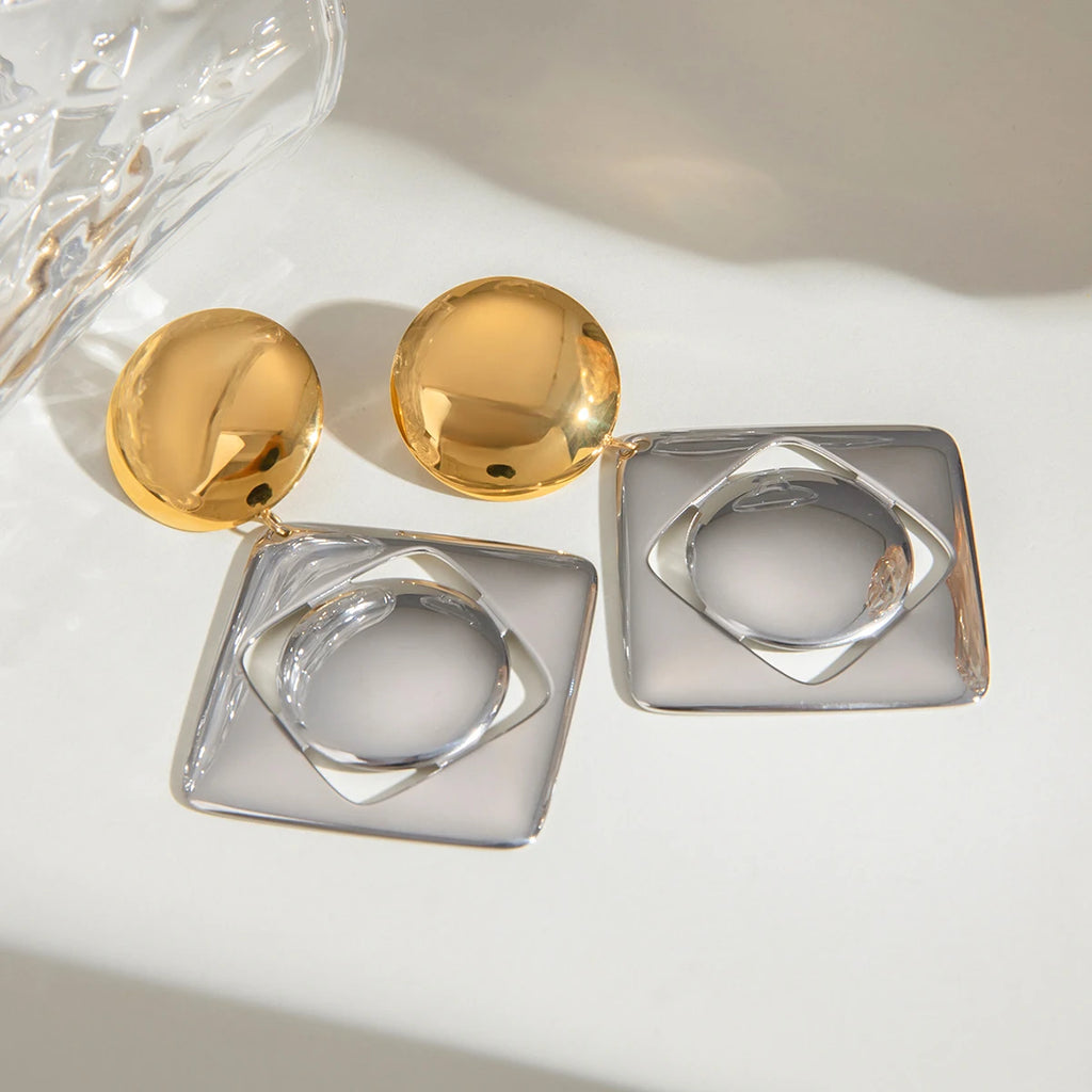 Brincos de Pingente Quadrado Oco de Cor Correspondente Lisa em Aço Inoxidável 18K para Mulheres, À Prova de Ferrugem, Joias da Moda, Bijuterias para Gala, Presente