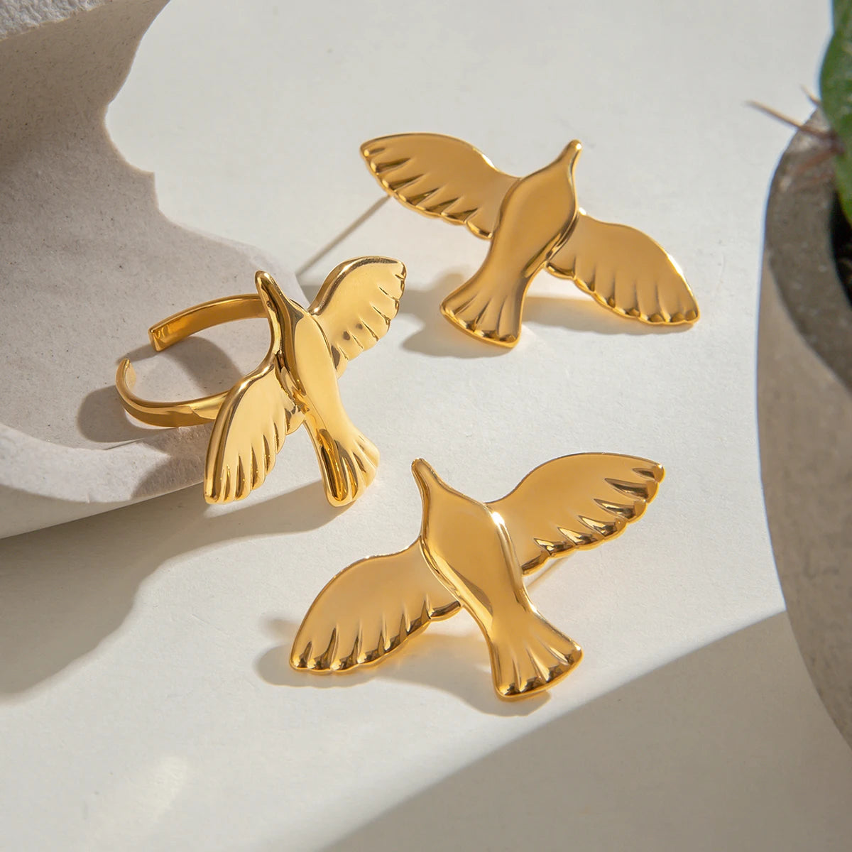 Minimalistisk 18 karat forgyldt Glat Peace Dove Åben Ring Ørstikker Rustfrit Stål Damer Rustfri Udsøgte Smykker Bijoux