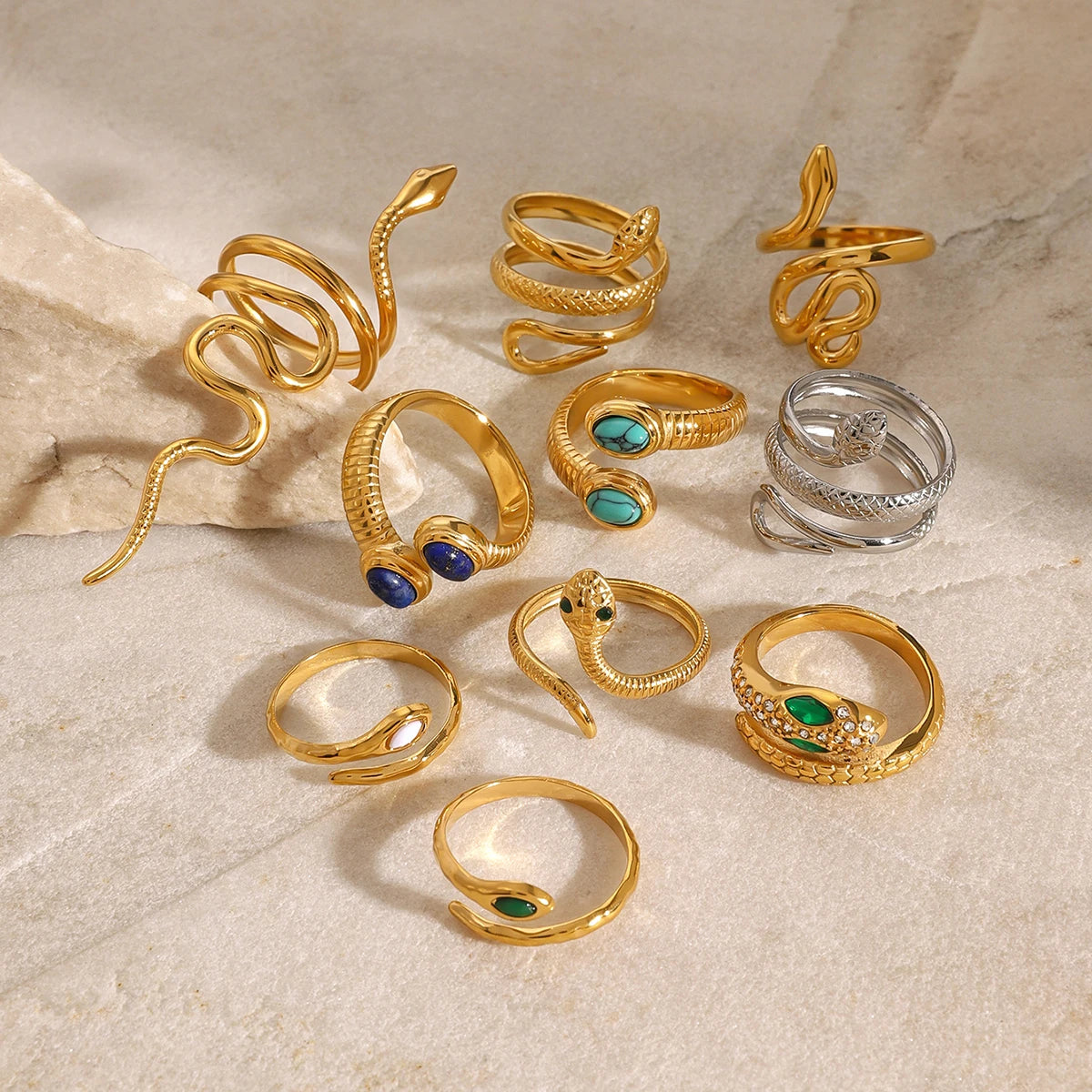 Creativity 18K Gold Plated Stainless Steel Serpentine Snake Shaped Series Open Ring Women Anti Allergic Charm Daily Jewelry