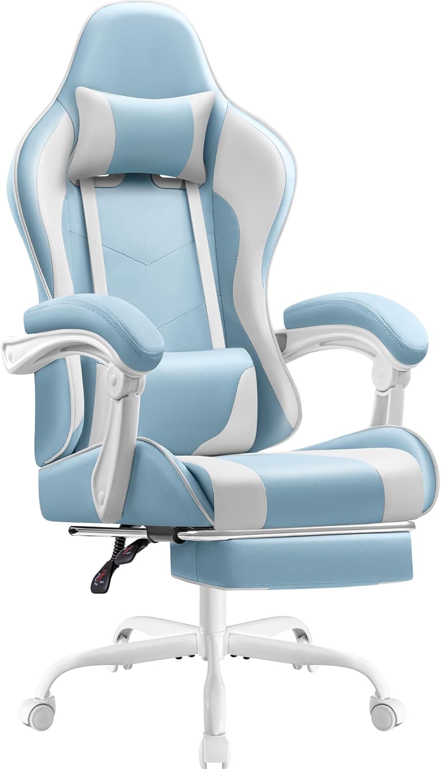 Shahoo Footrest and Massage Lumbar Support, Video Game Chairs Height Adjustable Seat with Headrest for Office or Bedroom, Study Room, Blue - Grand Goldman