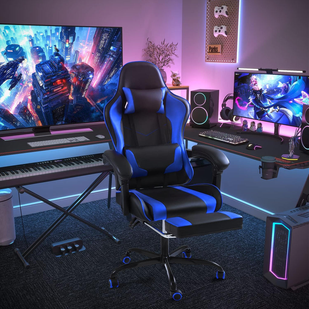 Shahoo Footrest and Massage Lumbar Support, Video Game Chairs Height Adjustable Seat with Headrest for Office or Bedroom, Study Room, Blue - Grand Goldman