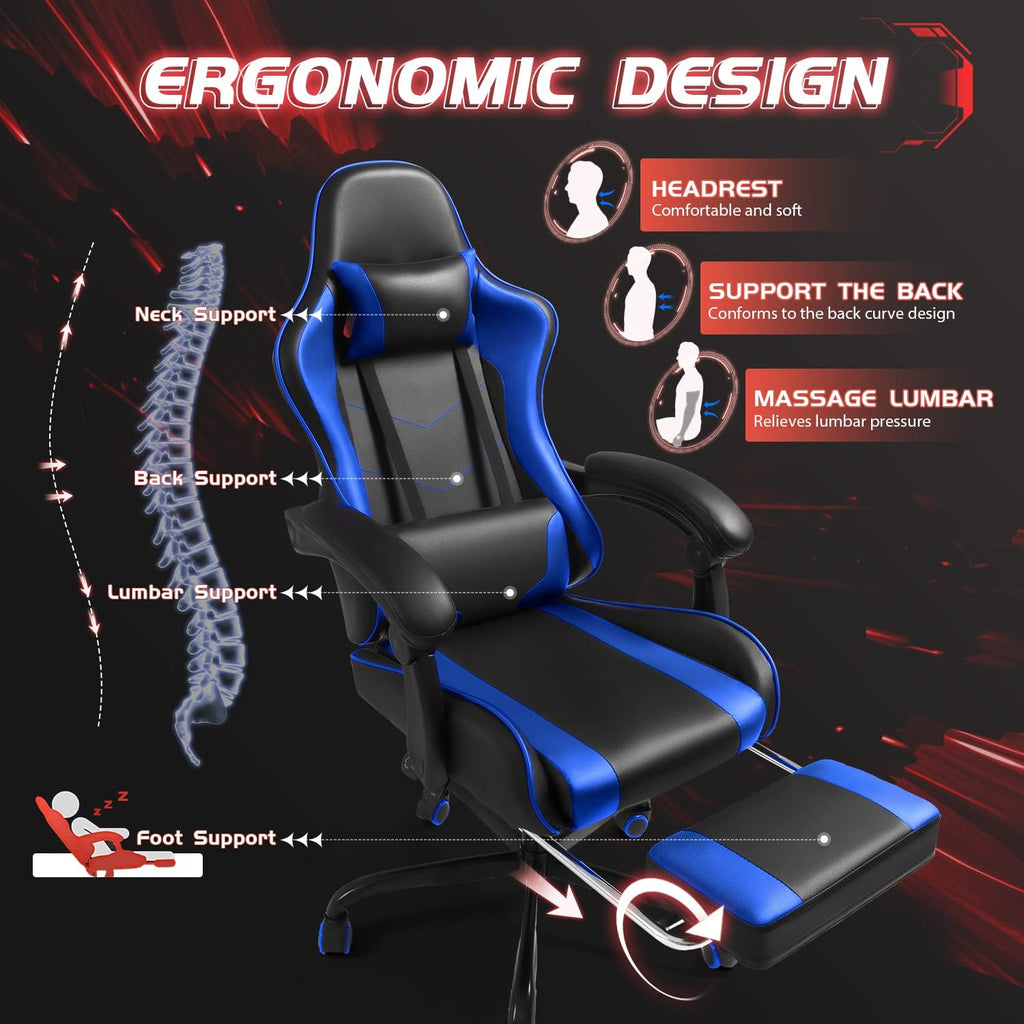 Shahoo Footrest and Massage Lumbar Support, Video Game Chairs Height Adjustable Seat with Headrest for Office or Bedroom, Study Room, Blue - Grand Goldman
