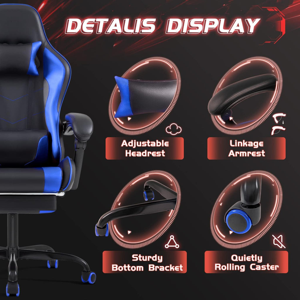 Shahoo Footrest and Massage Lumbar Support, Video Game Chairs Height Adjustable Seat with Headrest for Office or Bedroom, Study Room, Blue - Grand Goldman