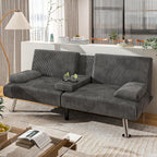 Shahoo Modern Linen Upholstered Convertible Folding Futon Sofa Bed with Removable Armrests, Metal Legs, 2 Cup Holders for Living Room, Black - Grand Goldman