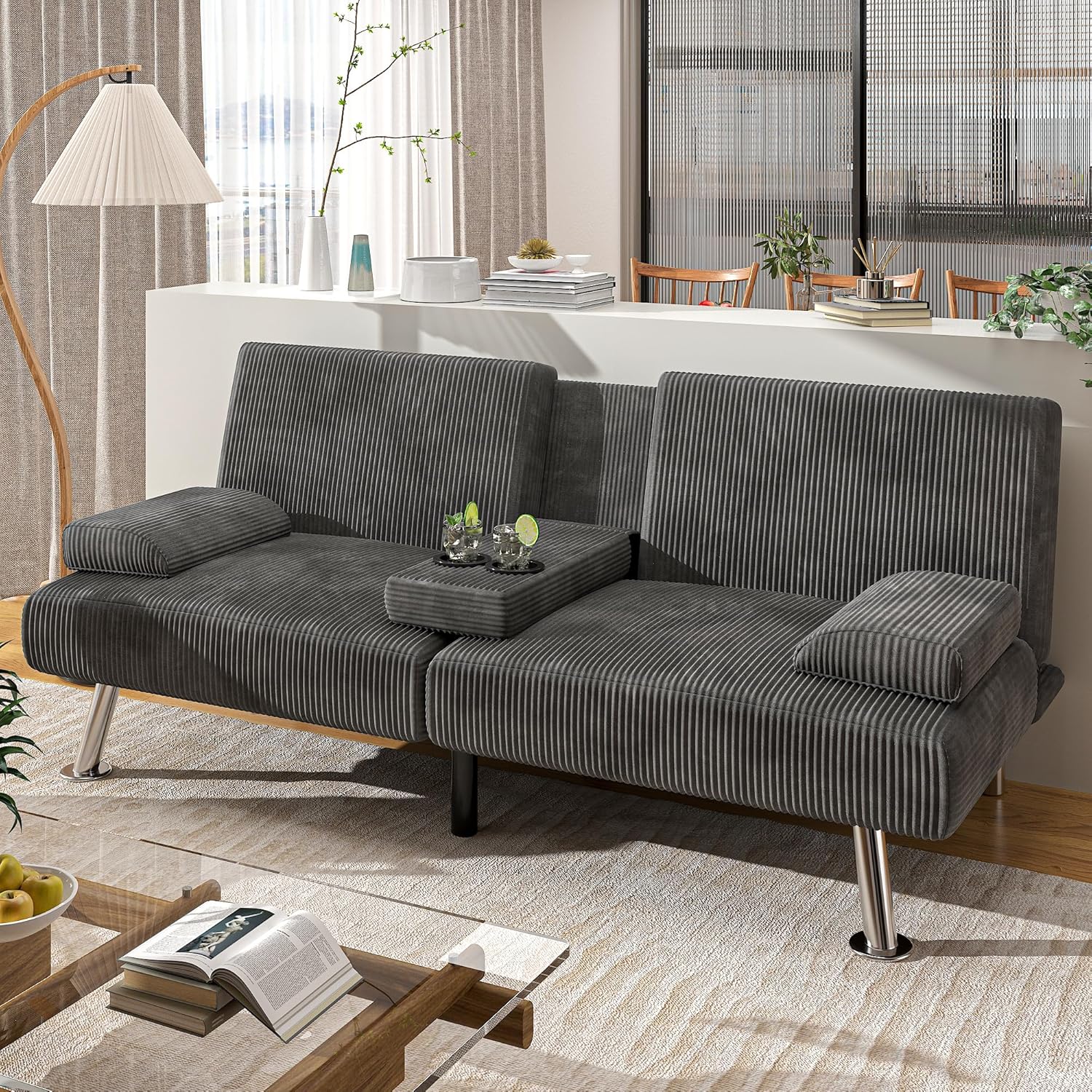 Shahoo Modern Linen Upholstered Convertible Folding Futon Sofa Bed with Removable Armrests, Metal Legs, 2 Cup Holders for Living Room, Black - Grand Goldman