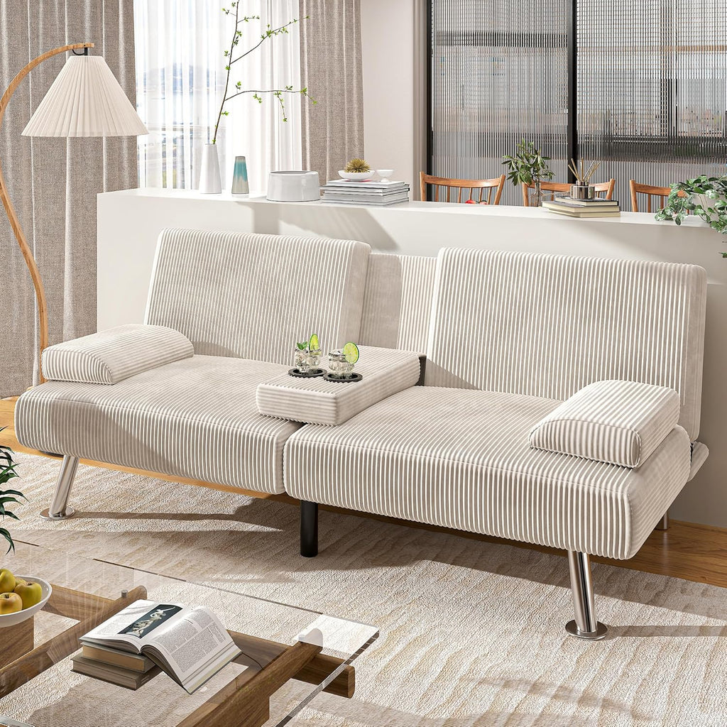 Shahoo Modern Linen Upholstered Convertible Folding Futon Sofa Bed with Removable Armrests, Metal Legs, 2 Cup Holders for Living Room, Black - Grand Goldman