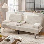 Shahoo Modern Linen Upholstered Convertible Folding Futon Sofa Bed with Removable Armrests, Metal Legs, 2 Cup Holders for Living Room, Black - Grand Goldman