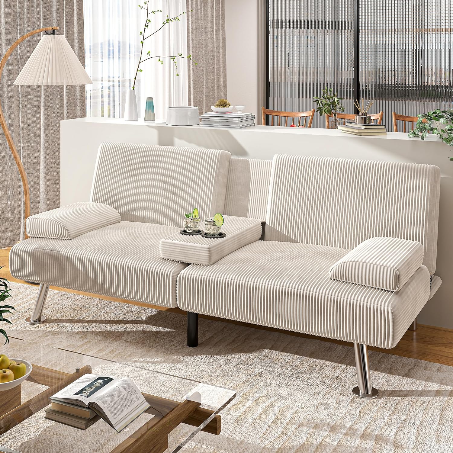 Shahoo Modern Linen Upholstered Convertible Folding Futon Sofa Bed with Removable Armrests, Metal Legs, 2 Cup Holders for Living Room, Black - Grand Goldman