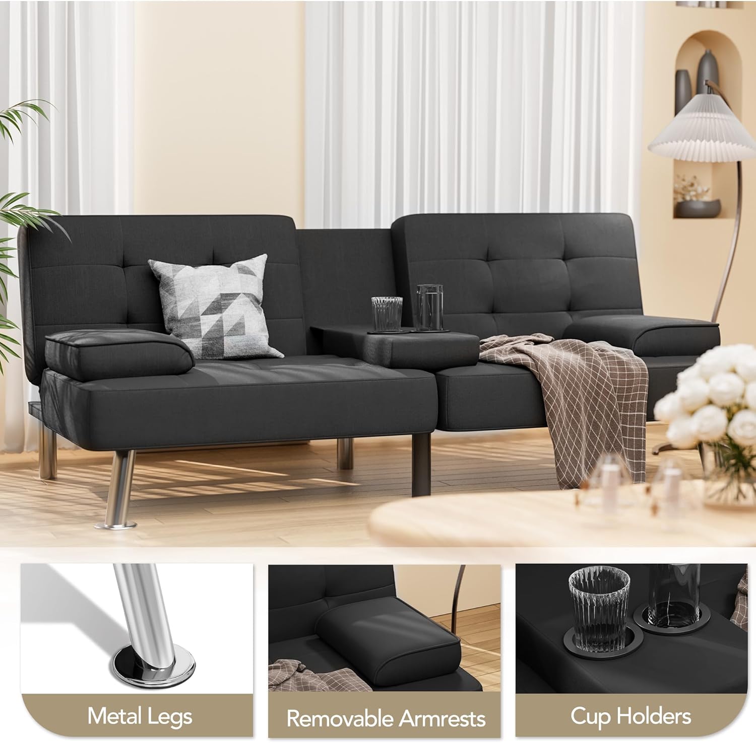 Shahoo Modern Linen Upholstered Convertible Folding Futon Sofa Bed with Removable Armrests, Metal Legs, 2 Cup Holders for Living Room, Black - Grand Goldman