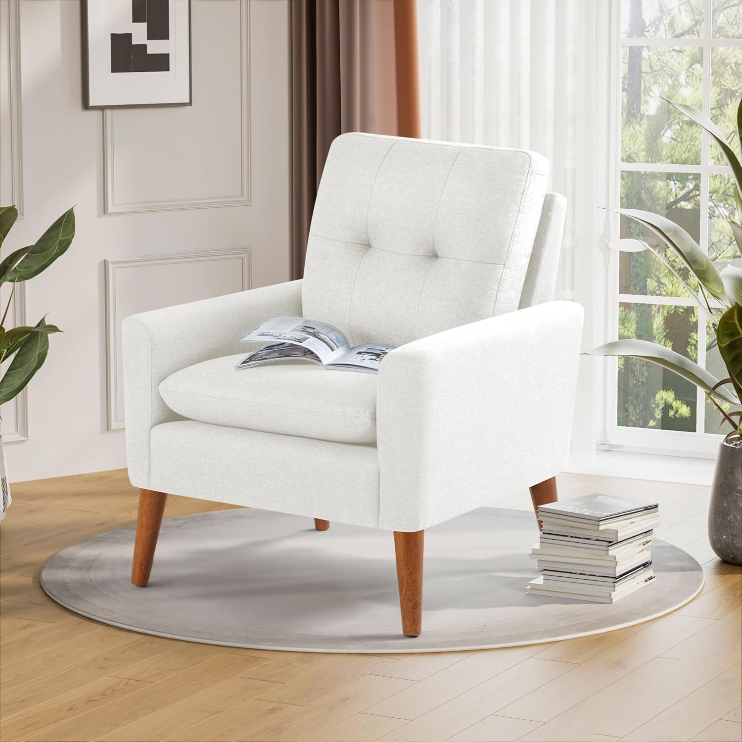 Shahoo Set of 2 Mid-Century Modern Fabric Accent Chair Upholstered Lounge Armchair with Solid Wood Frame & Soft Cushion for Living Room, Bedroom, Belcony, Beige - Grand Goldman