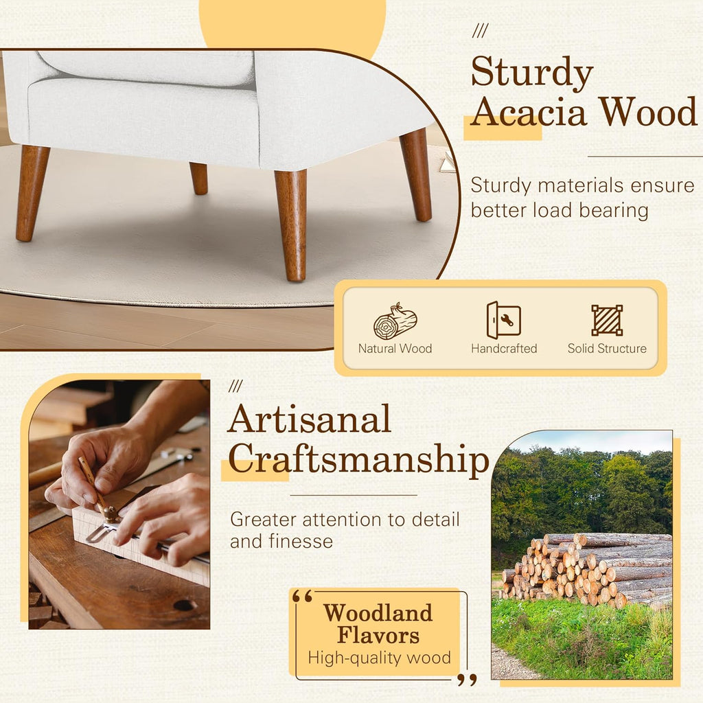 Shahoo Set of 2 Mid-Century Modern Fabric Accent Chair Upholstered Lounge Armchair with Solid Wood Frame & Soft Cushion for Living Room, Bedroom, Belcony, Beige - Grand Goldman