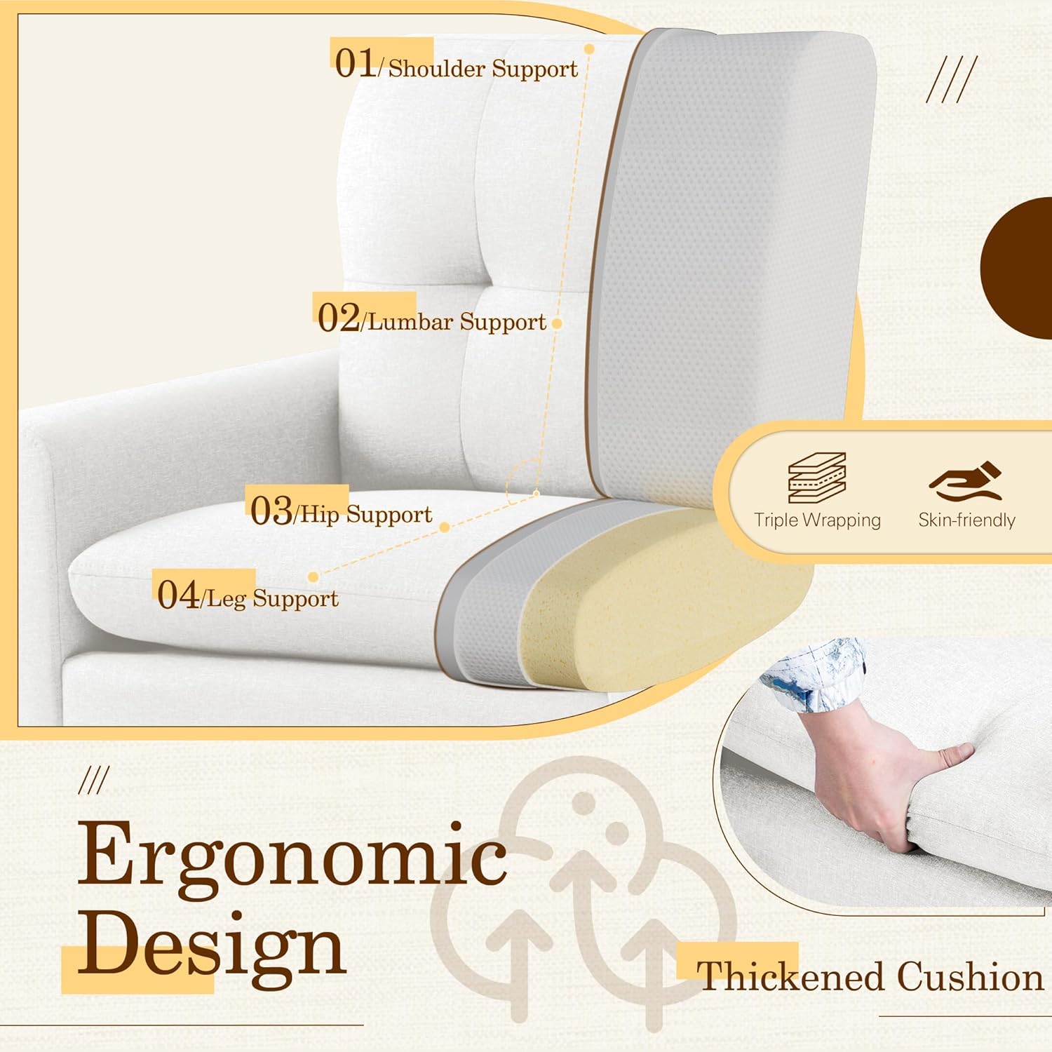 Shahoo Set of 2 Mid-Century Modern Fabric Accent Chair Upholstered Lounge Armchair with Solid Wood Frame & Soft Cushion for Living Room, Bedroom, Belcony, Beige - Grand Goldman