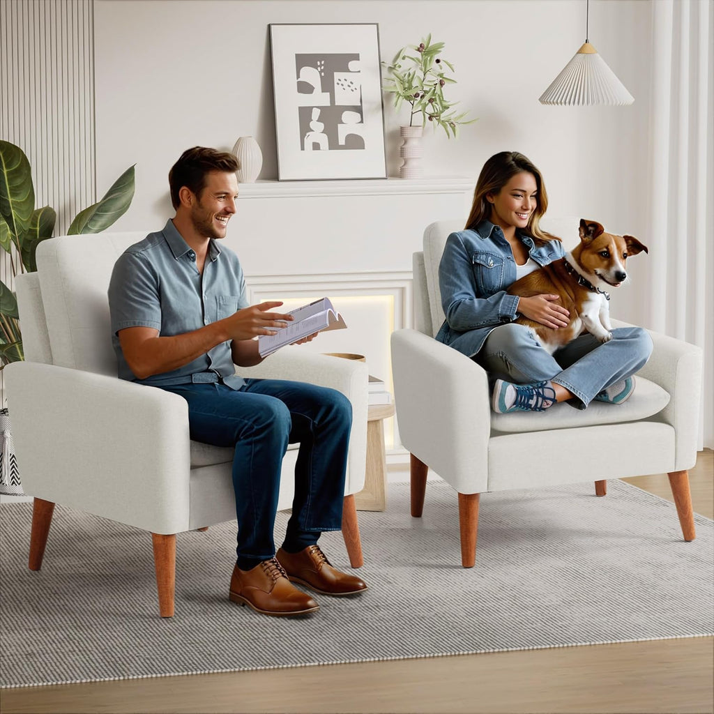 Shahoo Set of 2 Mid-Century Modern Fabric Accent Chair Upholstered Lounge Armchair with Solid Wood Frame & Soft Cushion for Living Room, Bedroom, Belcony, Beige - Grand Goldman