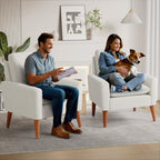 Shahoo Set of 2 Mid-Century Modern Fabric Accent Chair Upholstered Lounge Armchair with Solid Wood Frame & Soft Cushion for Living Room, Bedroom, Belcony, Beige - Grand Goldman