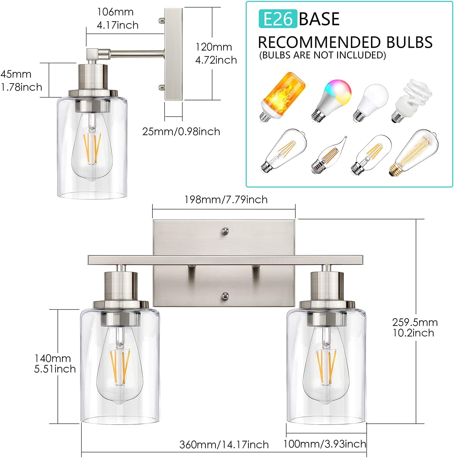 ShineTech 2-Light Bathroom Light Fixtures, Modern Vanity Lights with Clear Glass Shade, Brushed Nickel Bathroom Vanity Light Over Mirror, Living Room - Grand Goldman