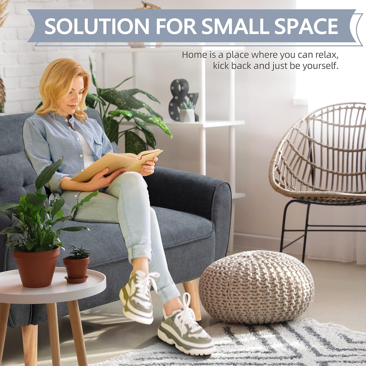 Shintenchi 47" Small Modern Loveseat Couch Sofa, Fabric Upholstered 2-Seat Sofa, Love Seat Furniture with 2 Pillows, Wood Leg for Small Space, Living Room, Bedroom, Apartment, Dark Grey - Grand Goldman