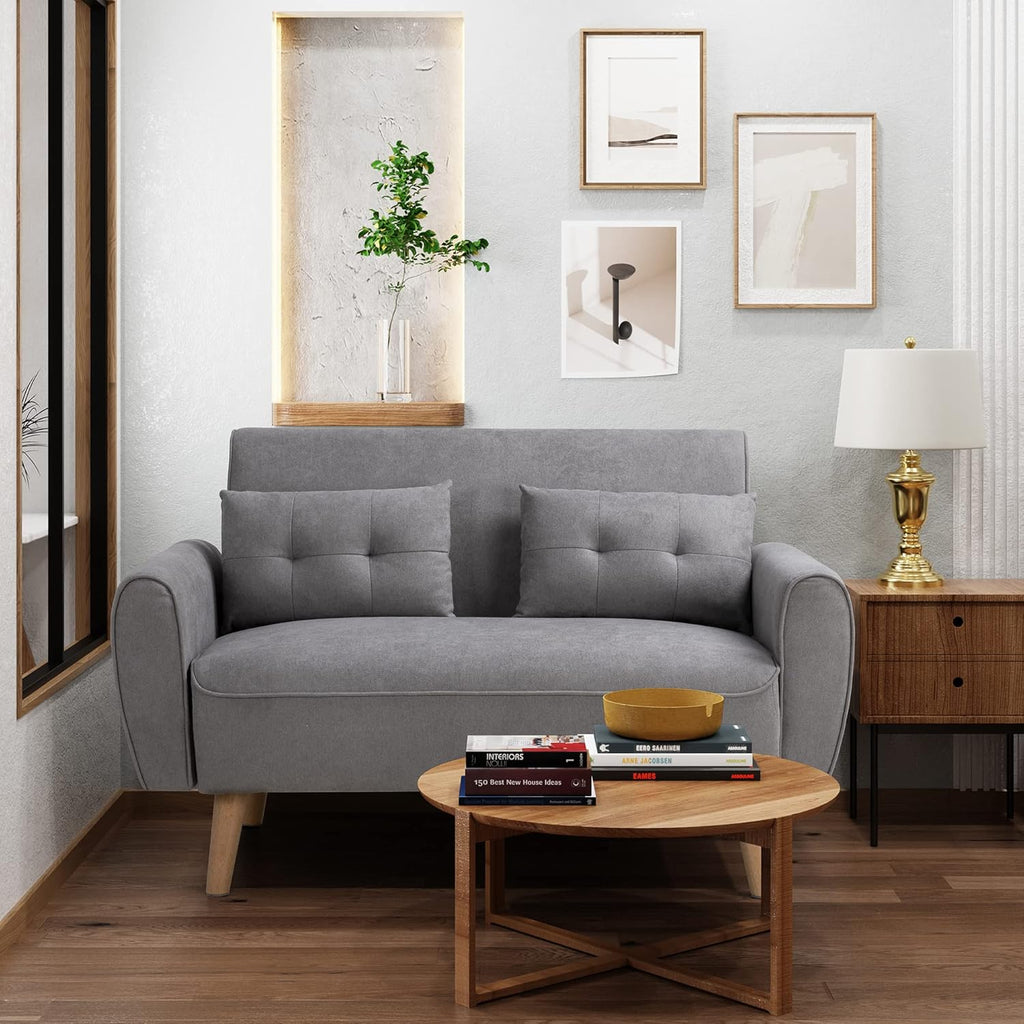 Shintenchi 47" Small Modern Loveseat Couch Sofa, Fabric Upholstered 2-Seat Sofa, Love Seat Furniture with 2 Pillows, Wood Leg for Small Space, Living Room, Bedroom, Apartment, Dark Grey - Grand Goldman