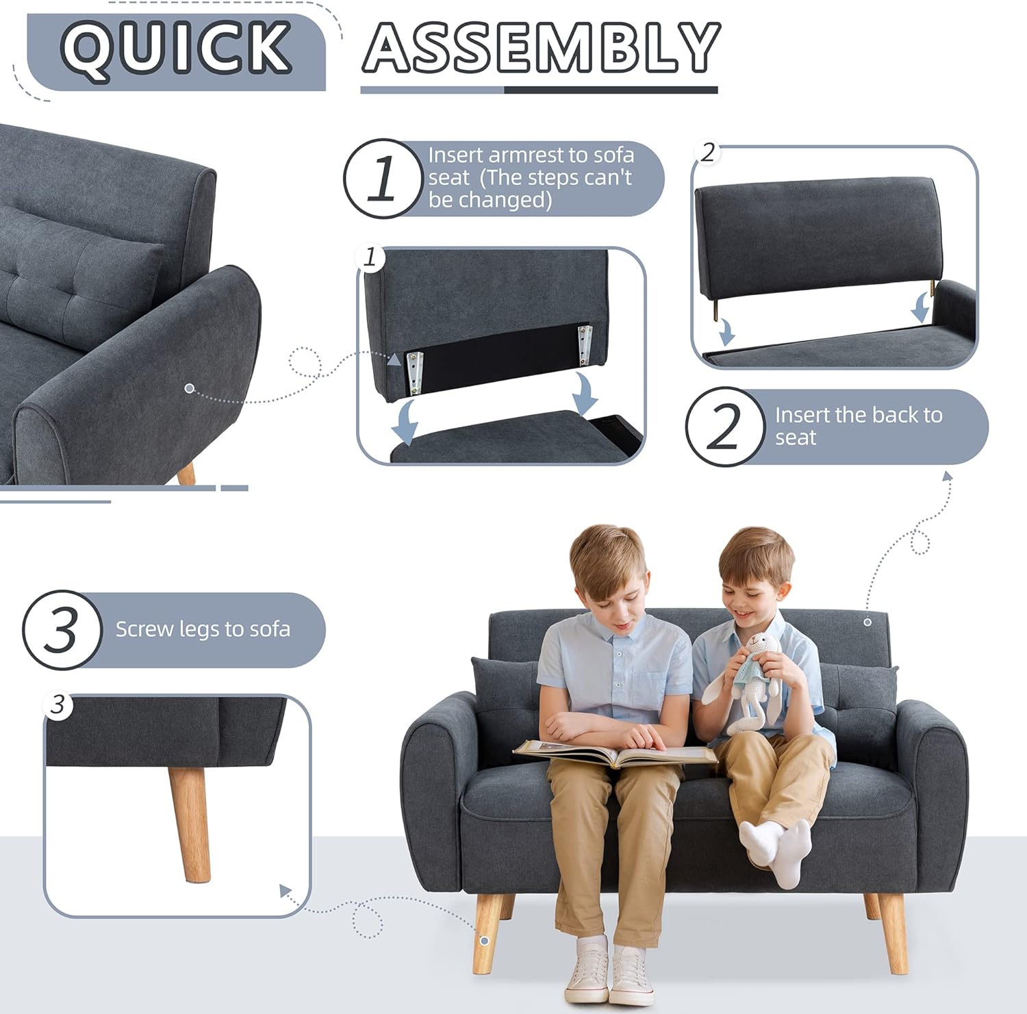 Shintenchi 47" Small Modern Loveseat Couch Sofa, Fabric Upholstered 2-Seat Sofa, Love Seat Furniture with 2 Pillows, Wood Leg for Small Space, Living Room, Bedroom, Apartment, Dark Grey - Grand Goldman