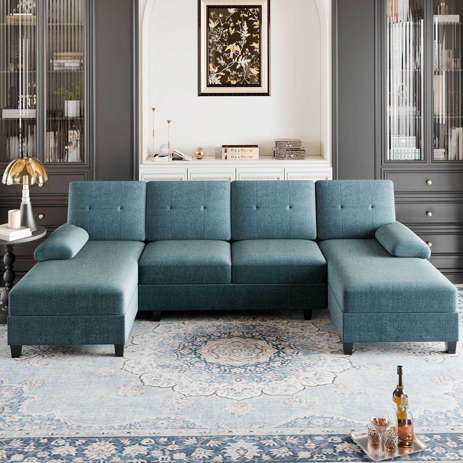 Shintenchi Sectional Couches for Living Room, U Sofa Shaped Couch with Double Chaise, 4-Seat Living Room Furniture Sets with Soft Cushion & Linen Fabric, Black - Grand Goldman