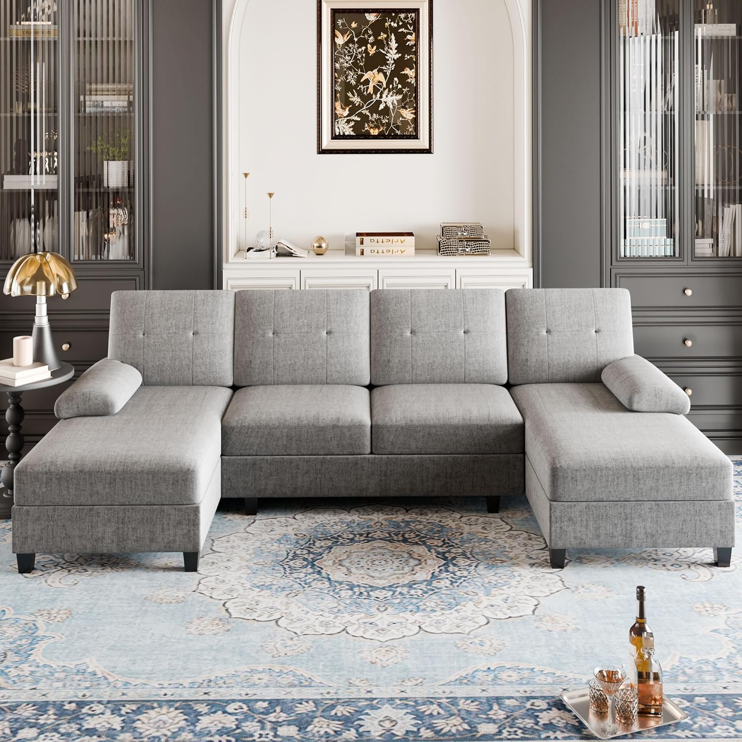 Shintenchi Sectional Couches for Living Room, U Sofa Shaped Couch with Double Chaise, 4-Seat Living Room Furniture Sets with Soft Cushion & Linen Fabric, Black - Grand Goldman