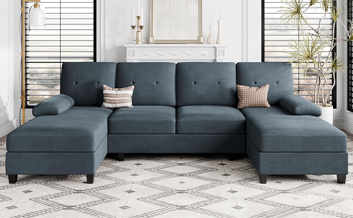 Shintenchi Sectional Couches for Living Room, U Sofa Shaped Couch with Double Chaise, 4-Seat Living Room Furniture Sets with Soft Cushion & Linen Fabric, Black - Grand Goldman