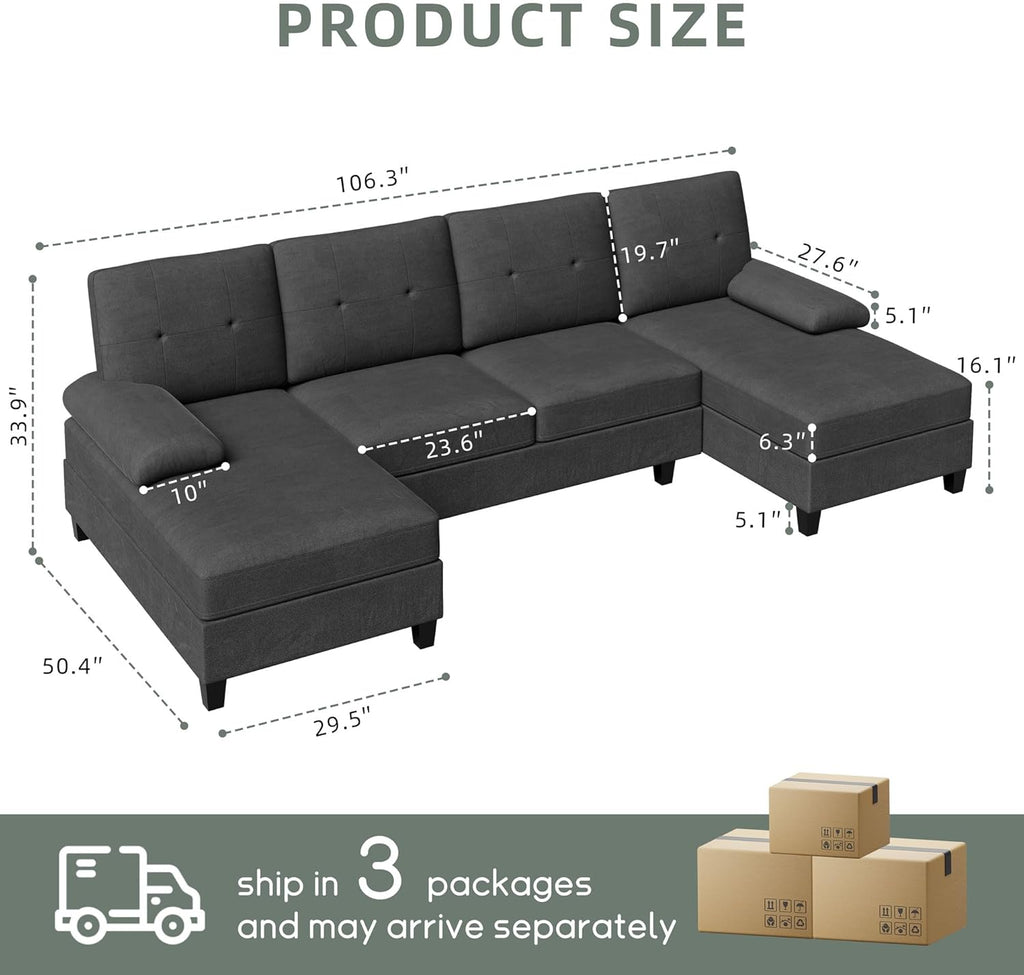 Shintenchi Sectional Couches for Living Room, U Sofa Shaped Couch with Double Chaise, 4-Seat Living Room Furniture Sets with Soft Cushion & Linen Fabric, Black - Grand Goldman