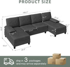 Shintenchi Sectional Couches for Living Room, U Sofa Shaped Couch with Double Chaise, 4-Seat Living Room Furniture Sets with Soft Cushion & Linen Fabric, Black - Grand Goldman