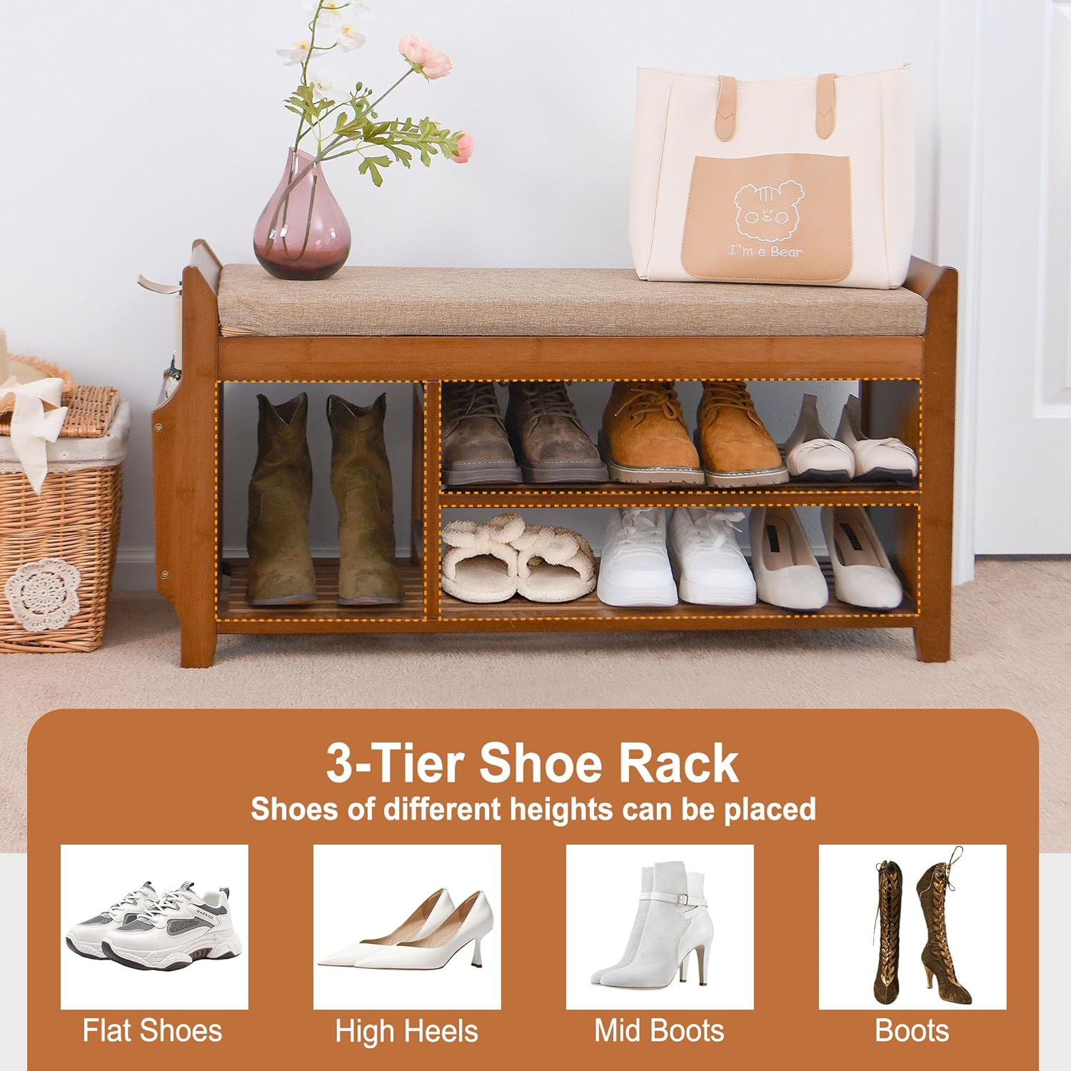 Shoe Bench Shoe Rack Entryway Bench with Hidden Drawer and Side Holder, 2 Tier Shoe Storage Bench Organizer, 39.4" Bamboo Shoe Rack Bench with Storage for Entryway Hallway Living Room Bedroom - Grand Goldman