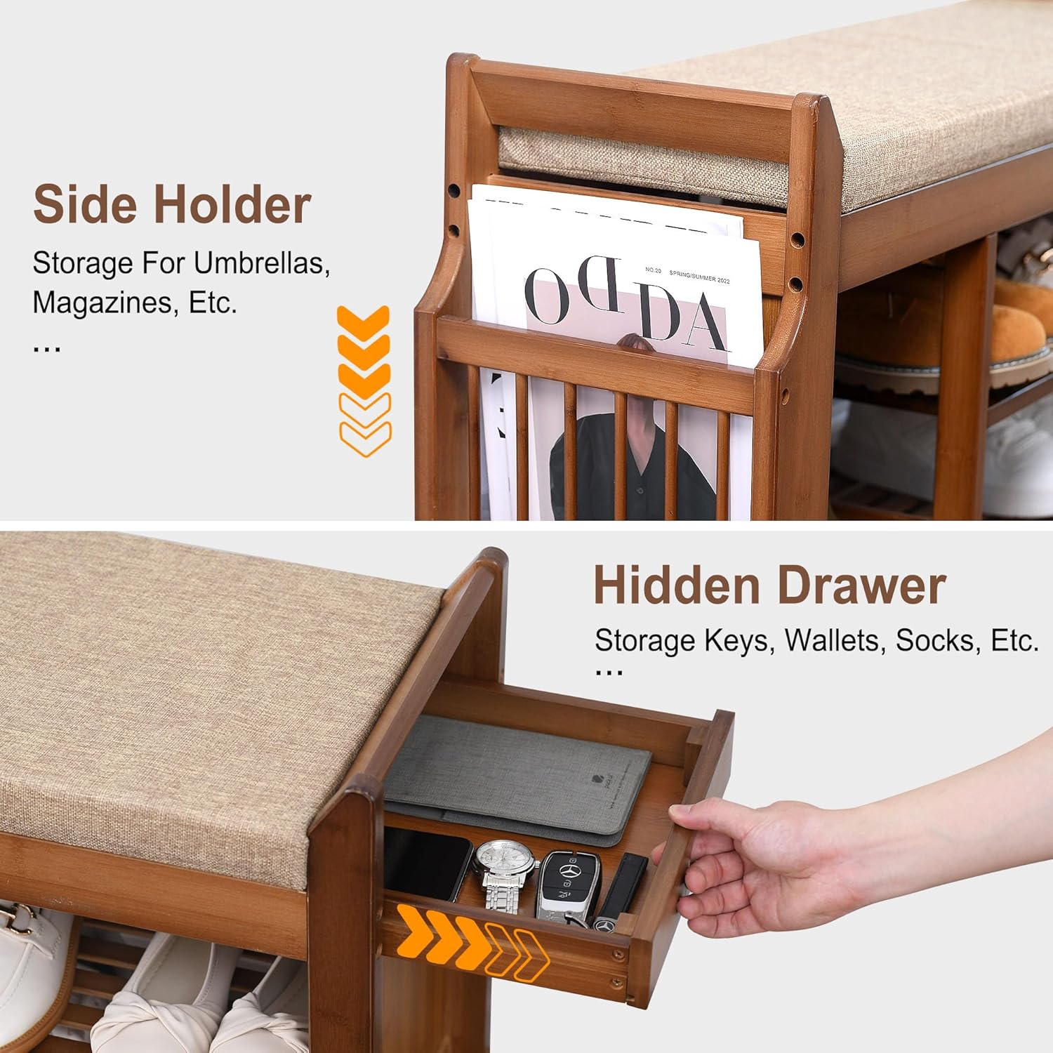 Shoe Bench Shoe Rack Entryway Bench with Hidden Drawer and Side Holder, 2 Tier Shoe Storage Bench Organizer, 39.4" Bamboo Shoe Rack Bench with Storage for Entryway Hallway Living Room Bedroom - Grand Goldman