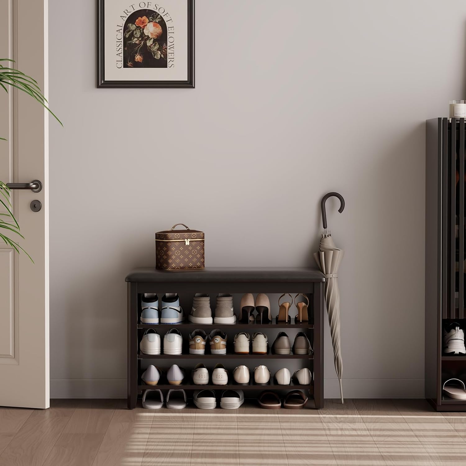 Shoe Bench with Leather Cushion, 3 Tiers Shoe Storage Bench, Walnut Wood Entryway Bench - Grand Goldman