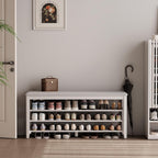 Shoe Bench with Leather Cushion, 3 Tiers Shoe Storage Bench, Walnut Wood Entryway Bench - Grand Goldman