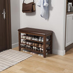Shoe Bench with Leather Cushion, 3 Tiers Shoe Storage Bench, Walnut Wood Entryway Bench - Grand Goldman