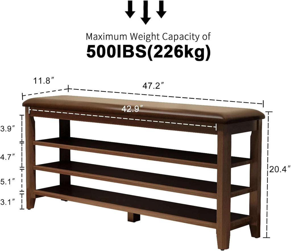 Shoe Bench with Leather Cushion, 3 Tiers Shoe Storage Bench, Walnut Wood Entryway Bench - Grand Goldman