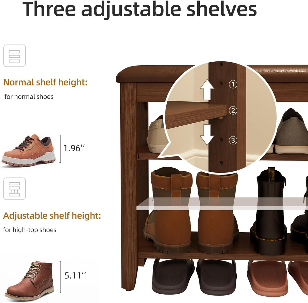 Shoe Bench with Leather Cushion, 3 Tiers Shoe Storage Bench, Walnut Wood Entryway Bench - Grand Goldman