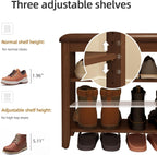 Shoe Bench with Leather Cushion, 3 Tiers Shoe Storage Bench, Walnut Wood Entryway Bench - Grand Goldman