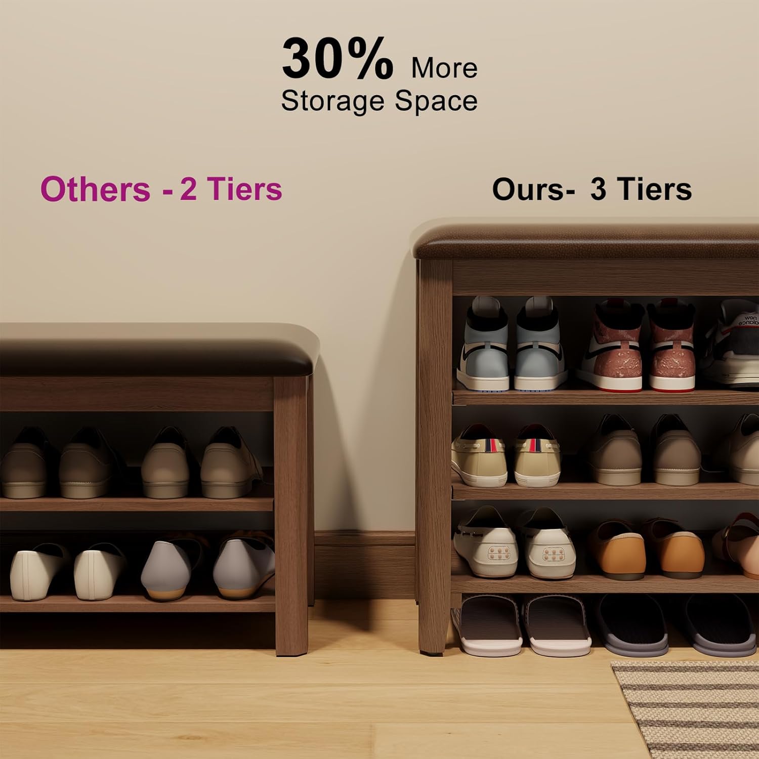 Shoe Bench with Leather Cushion, 3 Tiers Shoe Storage Bench, Walnut Wood Entryway Bench - Grand Goldman