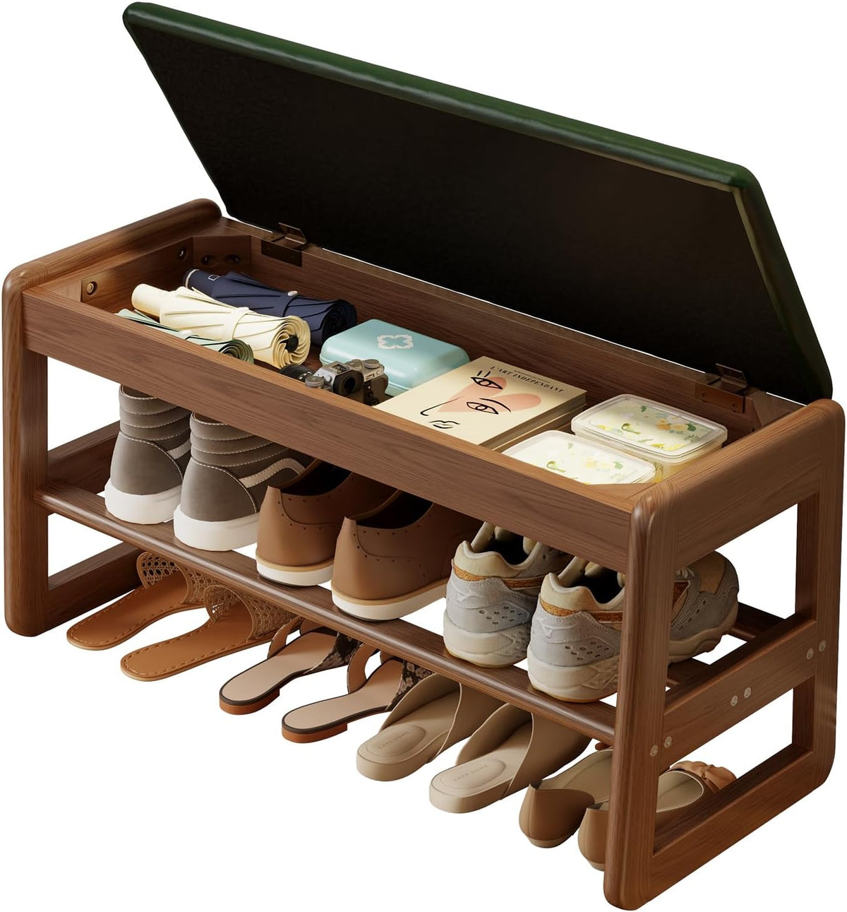 Shoe Rack Bench with Cushion,2 Tiers Shoe Bench with Flip-Open Storage Box,Wood Entryway Bench for Hallway, Mudroom（Walnut 2-Tier,31.5"） - Grand Goldman