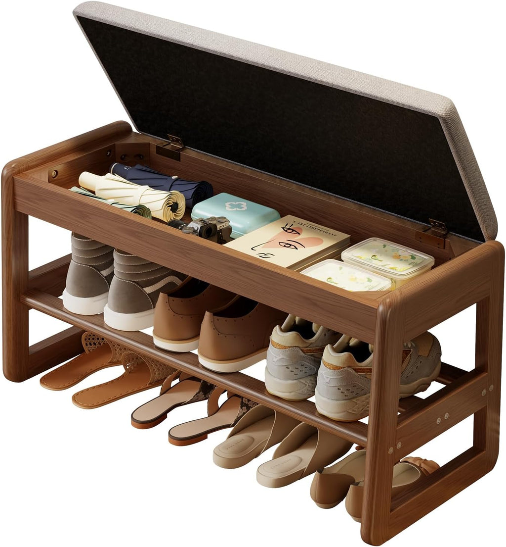 Shoe Rack Bench with Cushion,2 Tiers Shoe Bench with Flip-Open Storage Box,Wood Entryway Bench for Hallway, Mudroom（Walnut 2-Tier,31.5"） - Grand Goldman