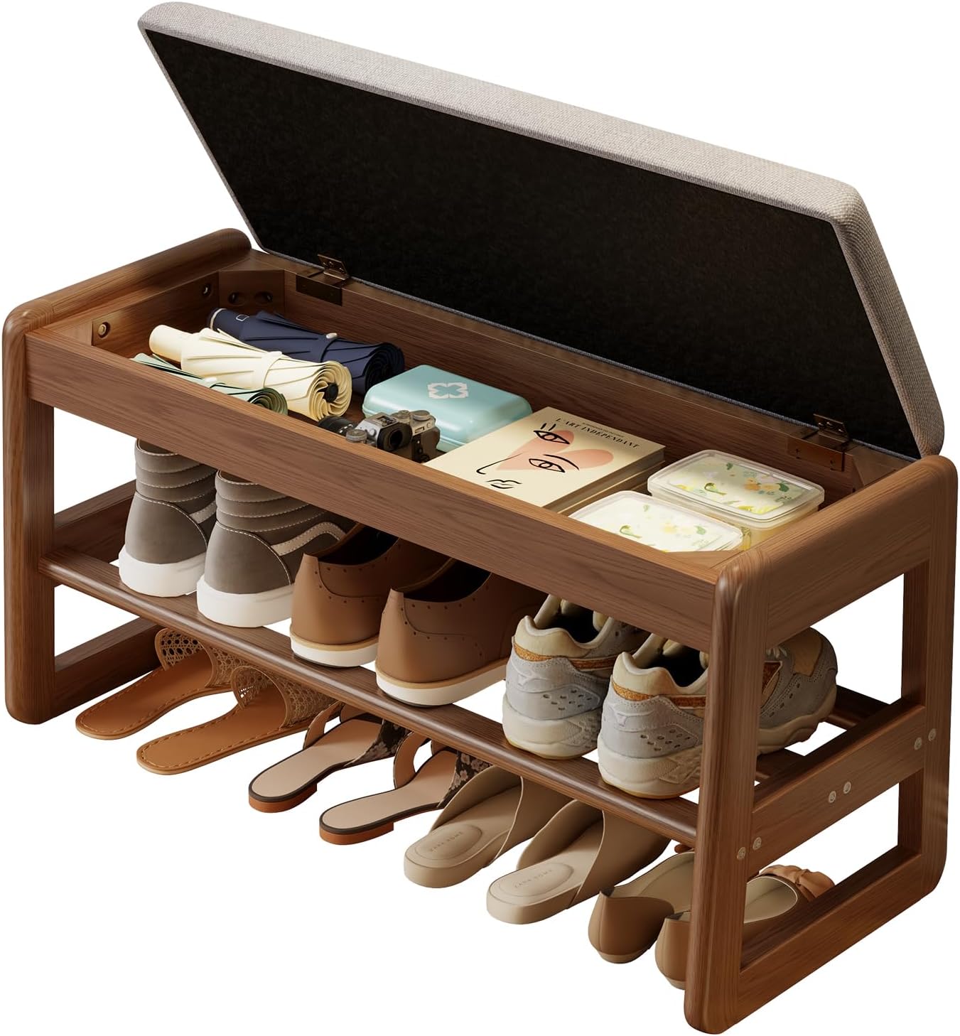 Shoe Rack Bench with Cushion,2 Tiers Shoe Bench with Flip-Open Storage Box,Wood Entryway Bench for Hallway, Mudroom（Walnut 2-Tier,31.5"） - Grand Goldman