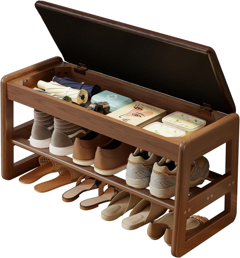 Shoe Rack Bench with Cushion,2 Tiers Shoe Bench with Flip-Open Storage Box,Wood Entryway Bench for Hallway, Mudroom（Walnut 2-Tier,31.5"） - Grand Goldman
