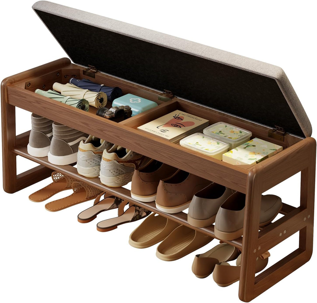 Shoe Rack Bench with Cushion,2 Tiers Shoe Bench with Flip-Open Storage Box,Wood Entryway Bench for Hallway, Mudroom（Walnut 2-Tier,31.5"） - Grand Goldman