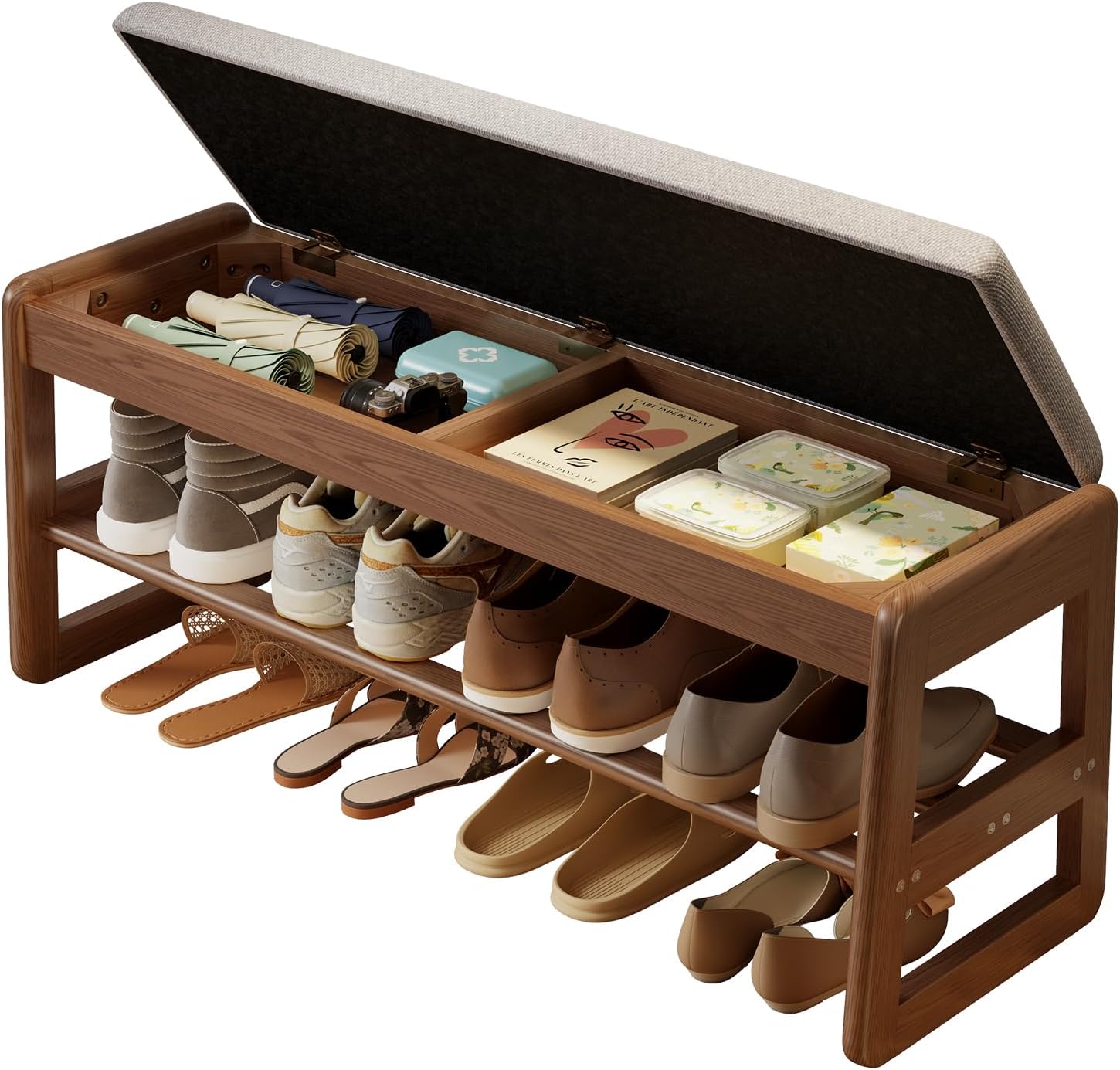 Shoe Rack Bench with Cushion,2 Tiers Shoe Bench with Flip-Open Storage Box,Wood Entryway Bench for Hallway, Mudroom（Walnut 2-Tier,31.5"） - Grand Goldman