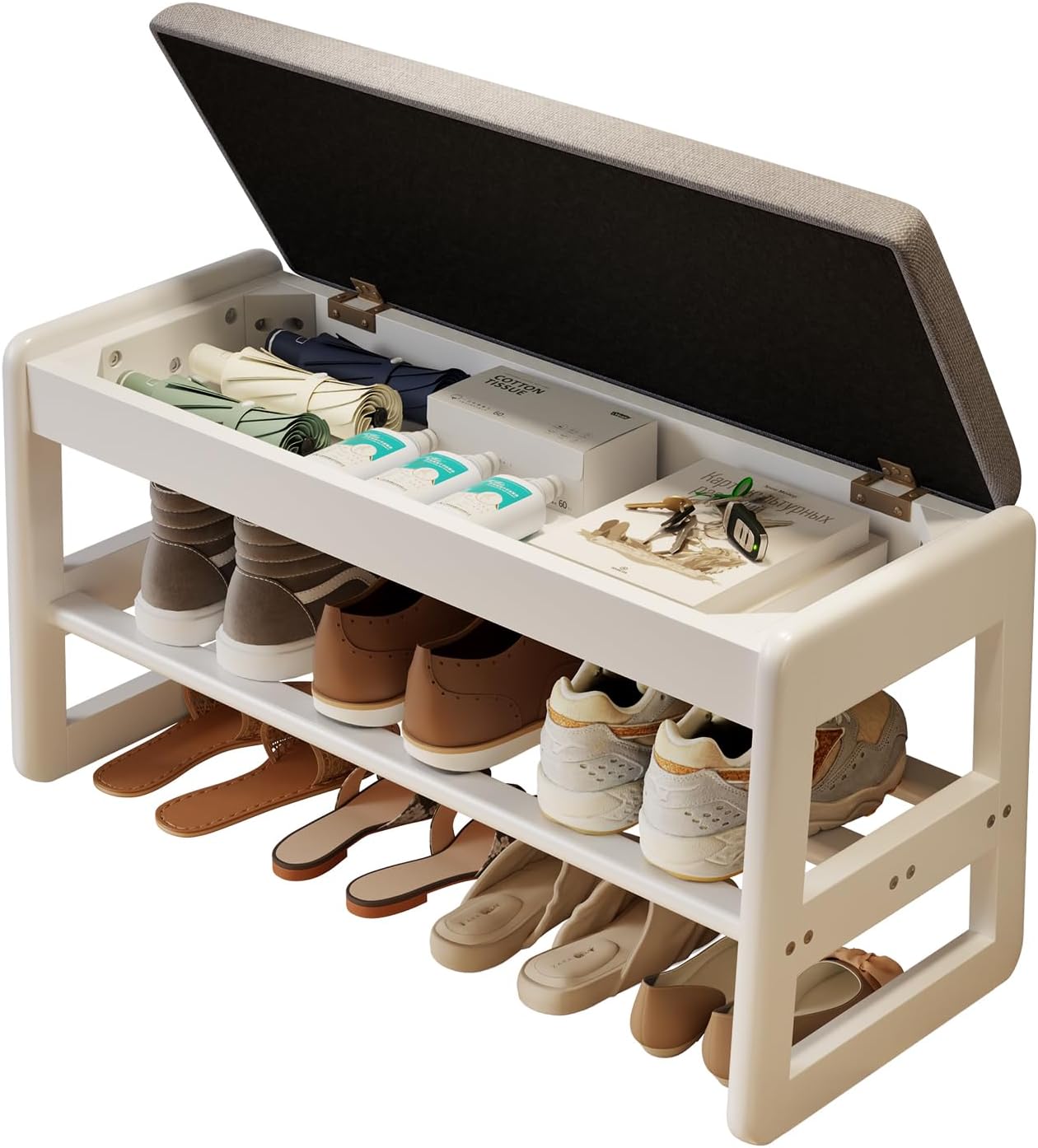 Shoe Rack Bench with Cushion,2 Tiers Shoe Bench with Flip-Open Storage Box,Wood Entryway Bench for Hallway, Mudroom（Walnut 2-Tier,31.5"） - Grand Goldman