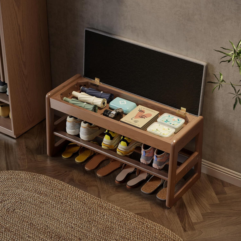 Shoe Rack Bench with Cushion,2 Tiers Shoe Bench with Flip-Open Storage Box,Wood Entryway Bench for Hallway, Mudroom（Walnut 2-Tier,31.5"） - Grand Goldman