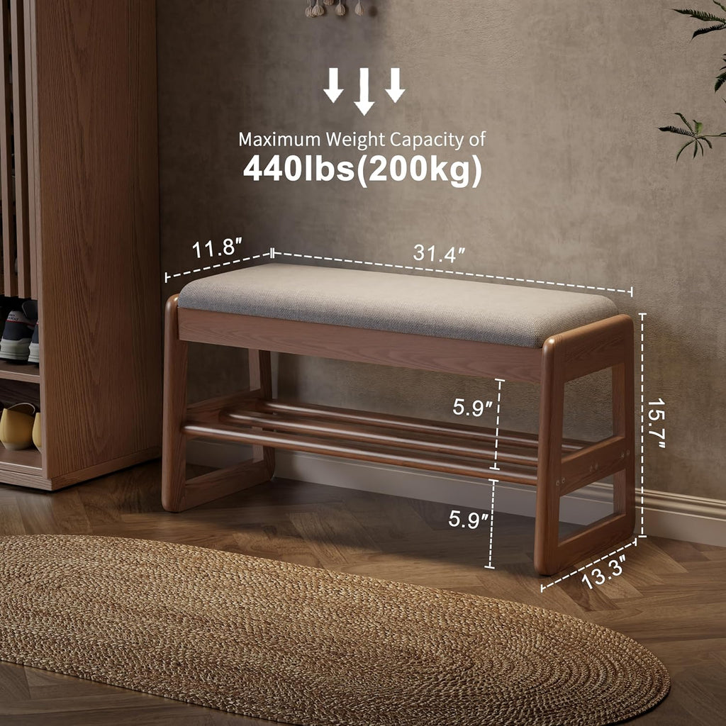 Shoe Rack Bench with Cushion,2 Tiers Shoe Bench with Flip-Open Storage Box,Wood Entryway Bench for Hallway, Mudroom（Walnut 2-Tier,31.5"） - Grand Goldman